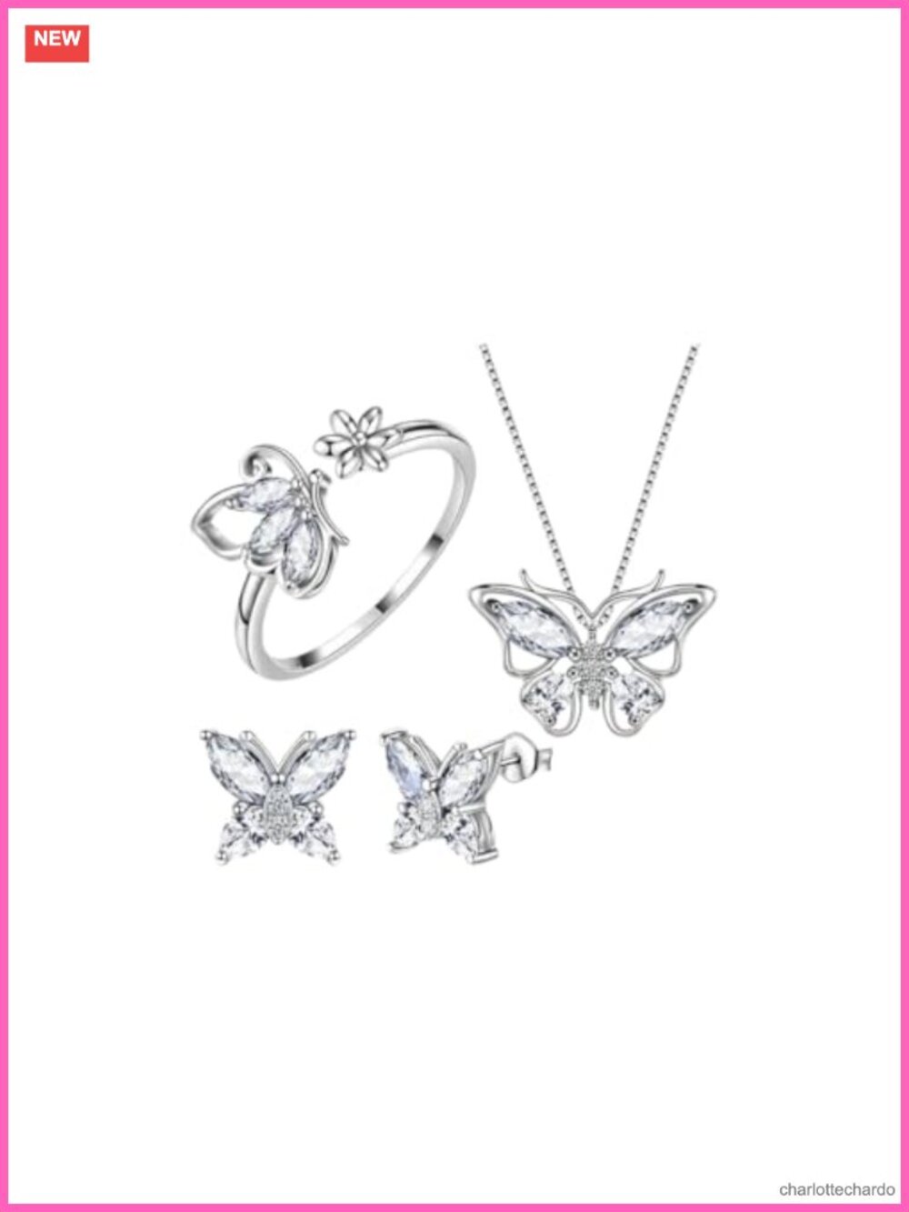 Butterfly Crystal Jewelry Set Necklace Stud Earrings Adjustable Rings Wedding